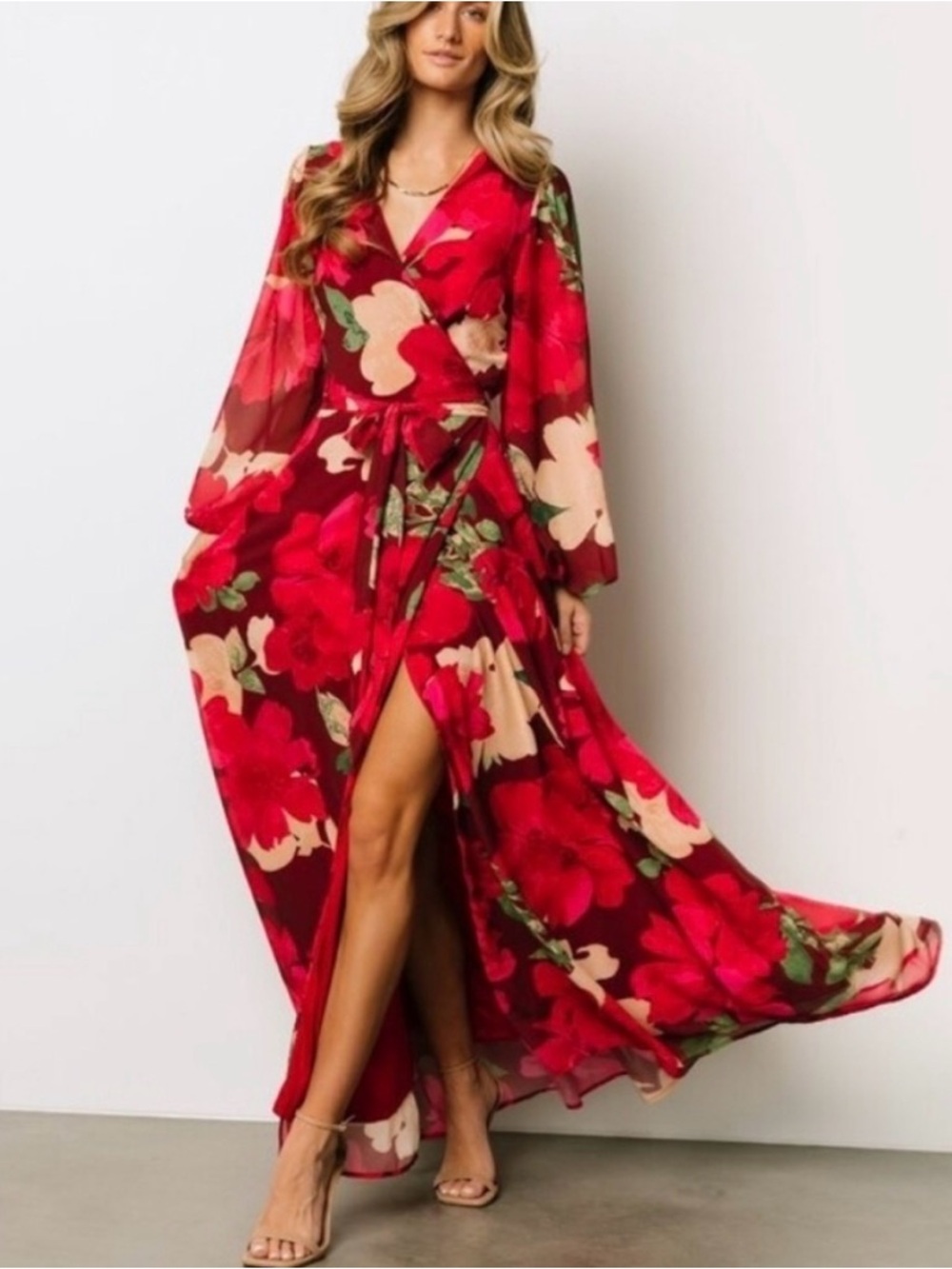 Baltic Born Pink Floral Maxi Dress S Wrap Sheer Sleeves Ethereal Romantic Flowy